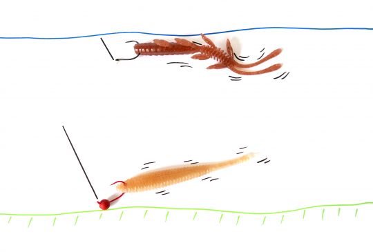 Animation du Nose Rig proche de la surface (au-dessus) et du Furiko Rig sur le fond (en dessous).