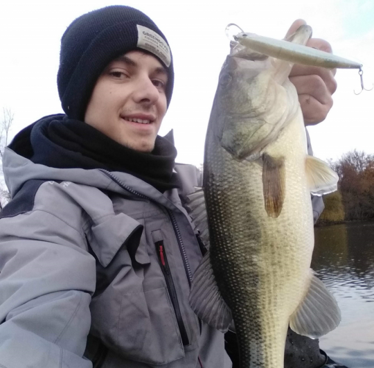 Bass hivernal pris séduit par l'OSP Rudra 130 SP immobile dans la colonne d'eau.