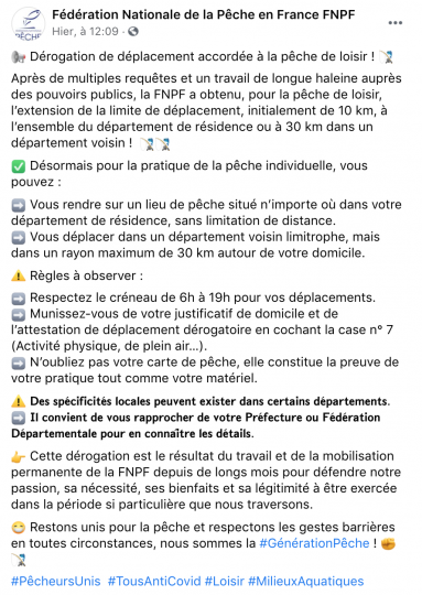 Communication officielle de la Fédération Nationale de la Pêche en France sur les réseaux sociaux.