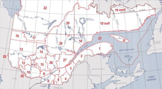 Répartition des zones de pêche au Québec.