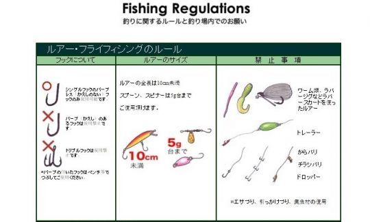 pannueax des règles dans un area japonais: hameçon simple sans ardillon, taille et poids maximum des leurres et leurres et montage non autorisés!