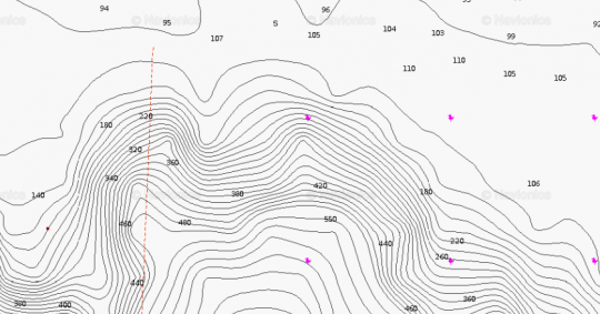 Une cassure abrupte sur une carte marine, parfaite pour le calamar rouge