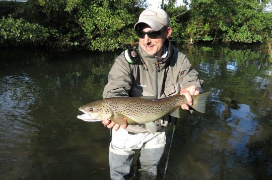 Jolie truite de mer normande prise au tube fly par eau teintée