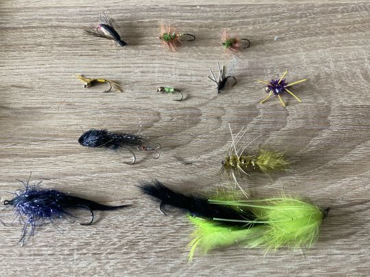 Différentes mouches à truites de mer. De haut en bas: Mouche sèches à faire patiner. Nymphes avec et sans pattes. Streamer et mouches en cervidés. Grosses leeches pour eau froide et/ou sale ou pour la magic hour!