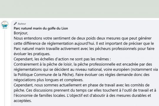 Le commentaire du Parc en r&eacute;action &agrave; l'incompr&eacute;hension des p&ecirc;cheurs