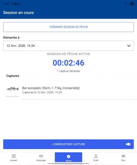 Une fois la capture d&eacute;clar&eacute;e et la p&ecirc;che finie, cliquez sur "Terminer session de p&ecirc;che"