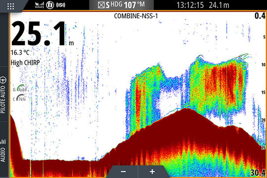 Cette capture d'&eacute;cran SIMRAD montre un banc de maquereaux, qui alimente les plaisanciers pour plusieurs saisons. Un chalutier-usine rafle tout en une journ&eacute;e !