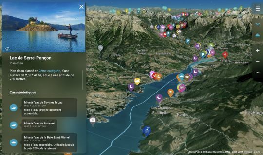 Le lac de Serre-Pon&ccedil;on dans les Hautes-Alpes, en vue 3D sur l'application.